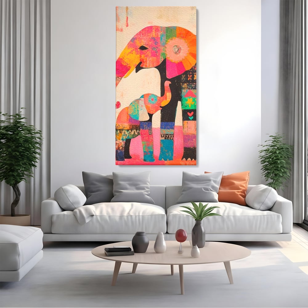 Tablou canvas cu tablou pictura cu elefanti colorati, fara rama, pe sasiu de lemn, pe perete intr-un living